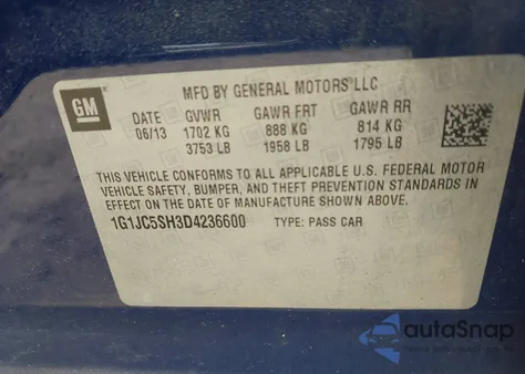 2013 Chevrolet Sonic Lt из США, поврежденный, VIN 1G1JC5SH3D4236600